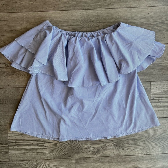 SHEIN Women’s Off-The Shoulder Ruffle Strapless Blouse Blue White Large - Picture 5 of 7